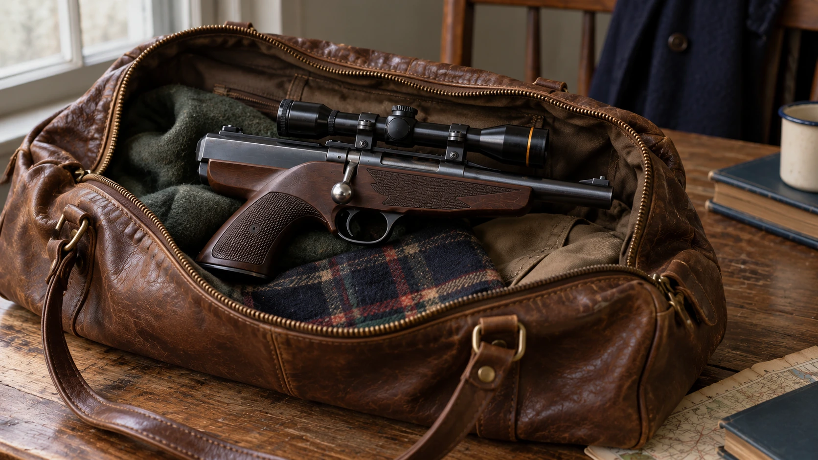 A compact scoped XP-100 concept prop resting in an open leather weekend bag