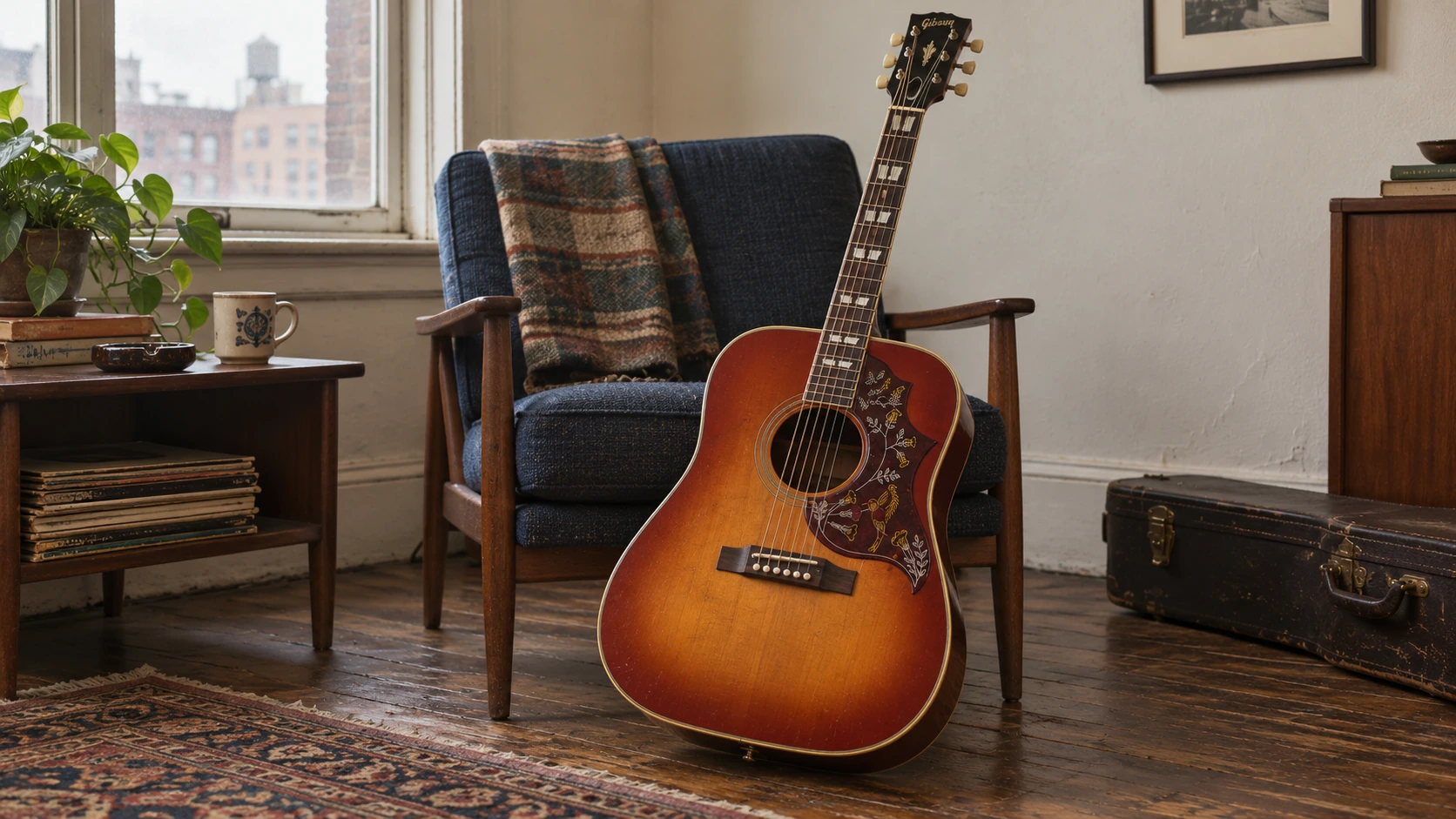 A cherry sunburst Hummingbird acoustic guitar beside a chair in a modest apartment