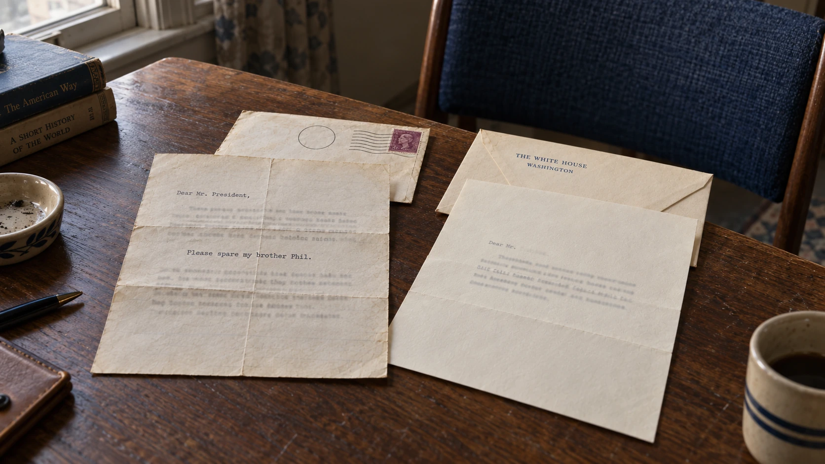 Two separate typed letters and envelopes on an ordinary wooden table