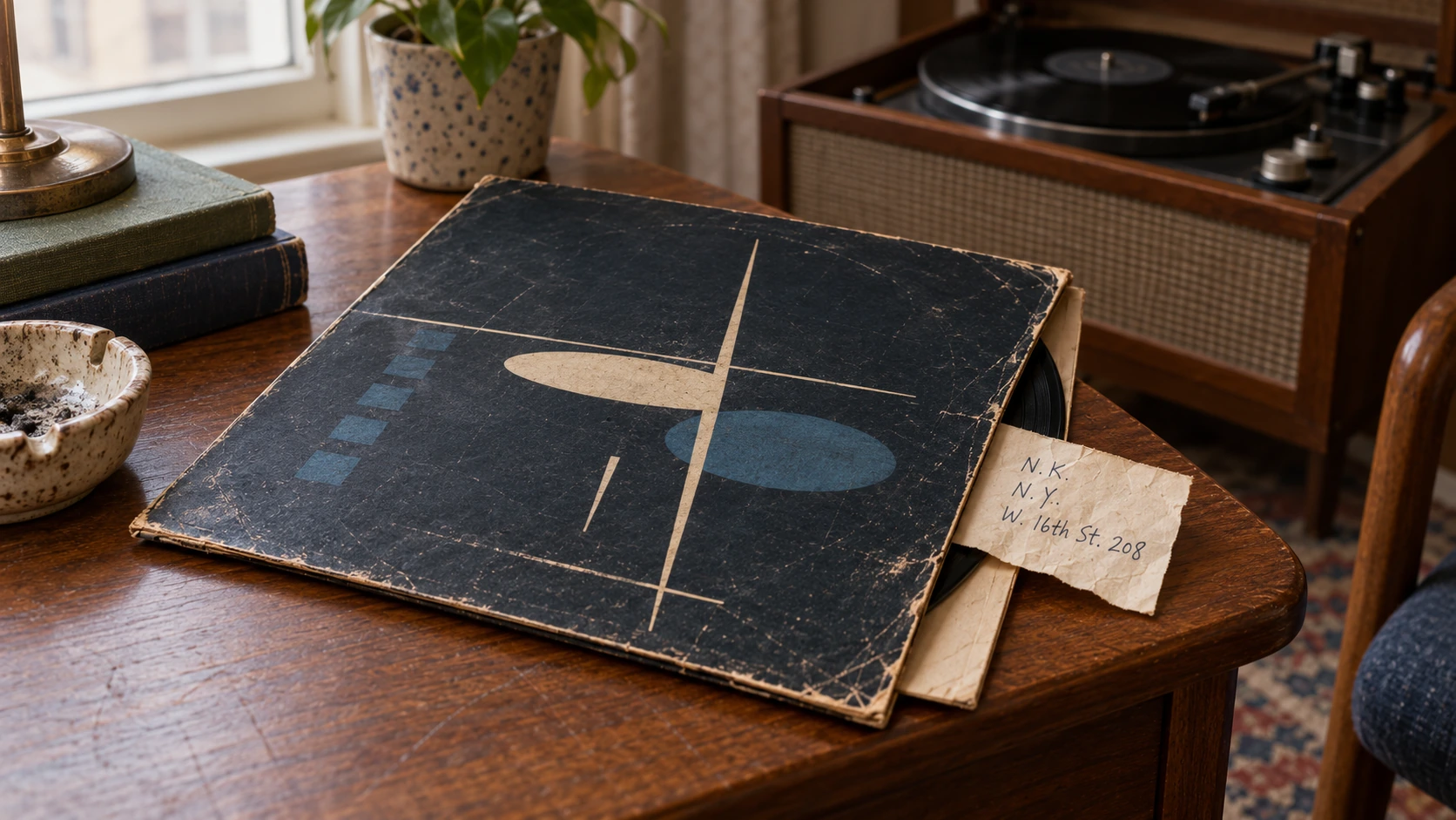 A worn jazz record sleeve with a small folded address note emerging from it