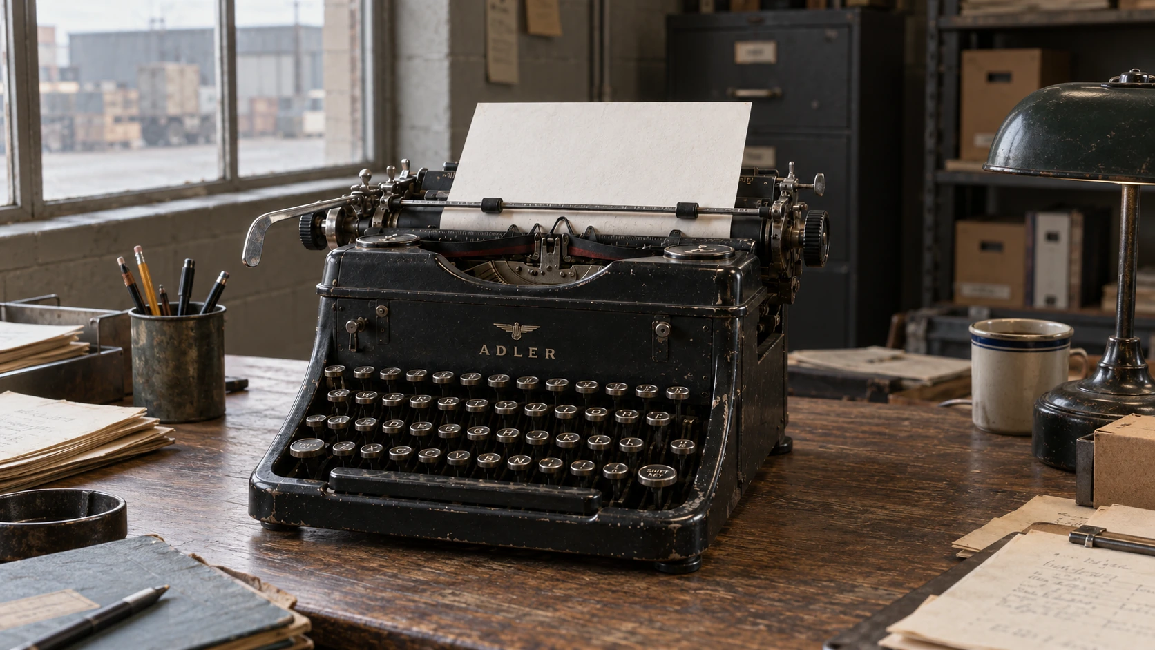 A worn black mechanical Adler typewriter on a plain warehouse office desk