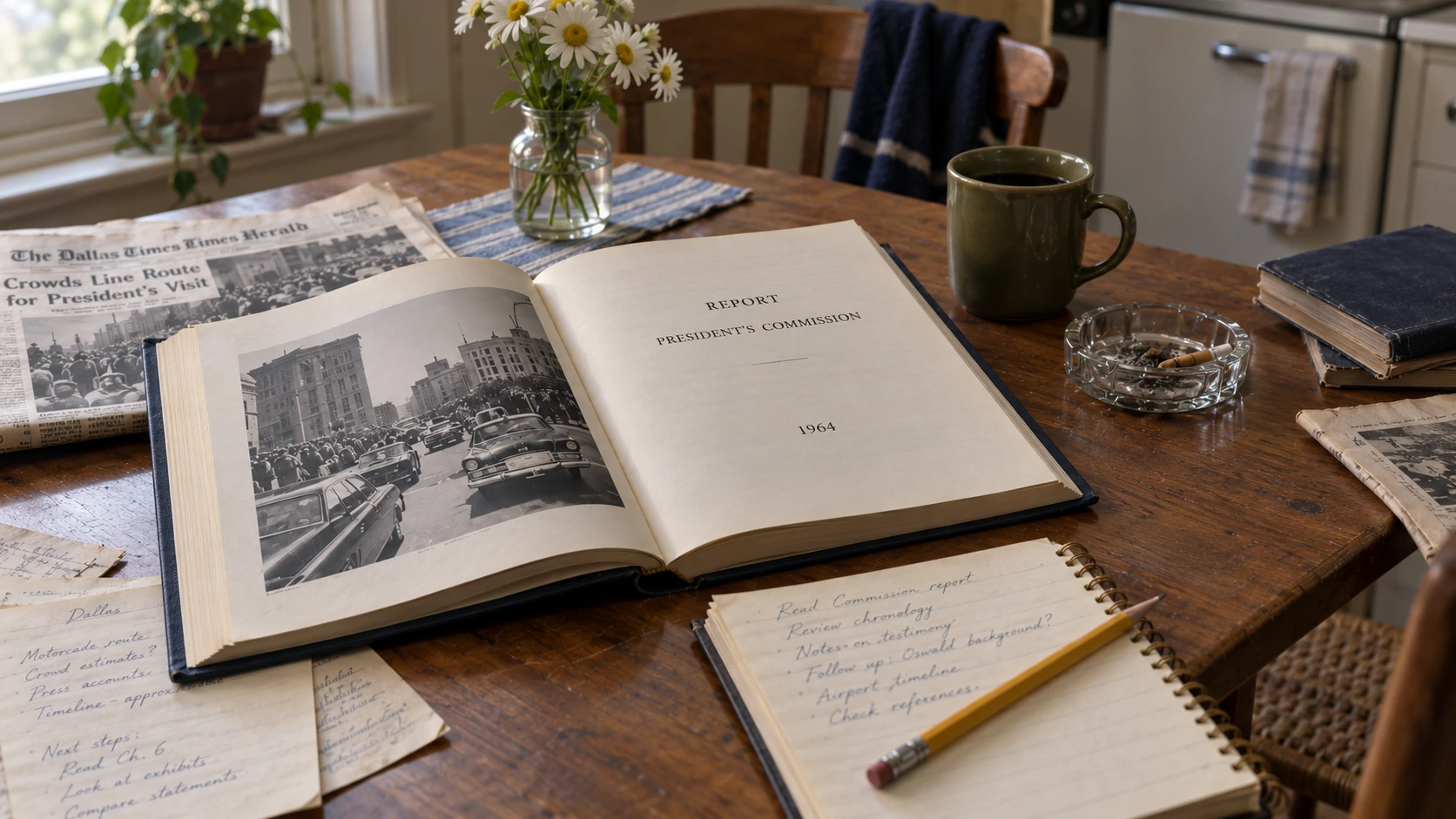 A Warren Commission report, pencil and modest paper notes on a breakfast table